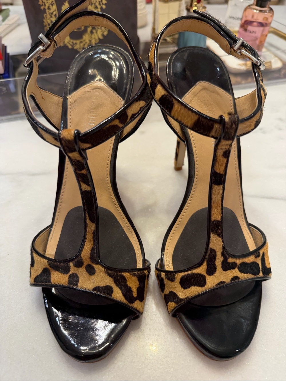 Gianni Bini Leopard Print T-Strap Heels - Black & Brown